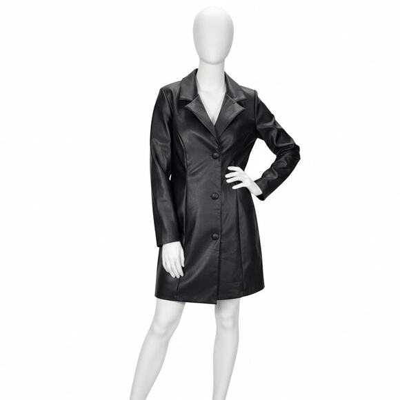 Wearever Black Faux Leather Retro Mini Dress Tunic Jacket Size M Button Front - Picture 1 of 8